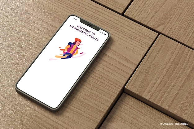 Smartphone-mockup op een houten salontafeloppervlak