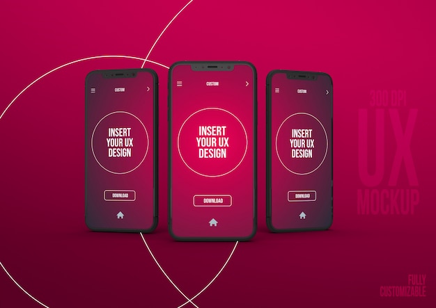 PSD smartphone mockup scene template with 3 interfaces