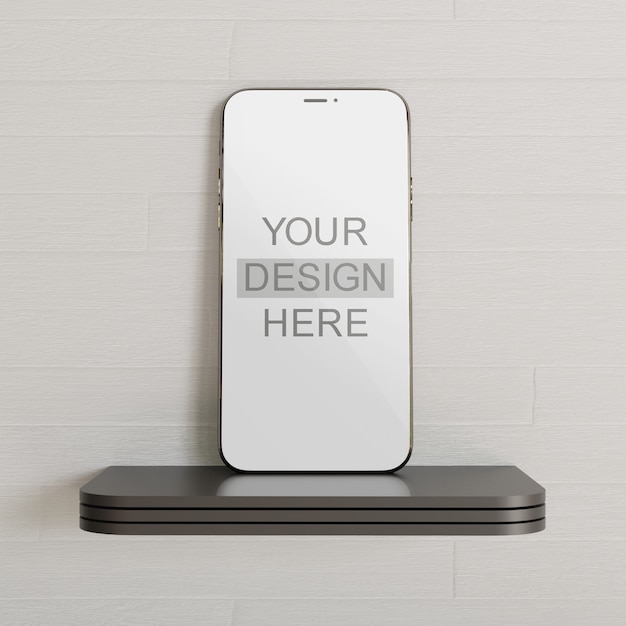 PSD 壁の机の上に立っているスマートフォンのモックアップ