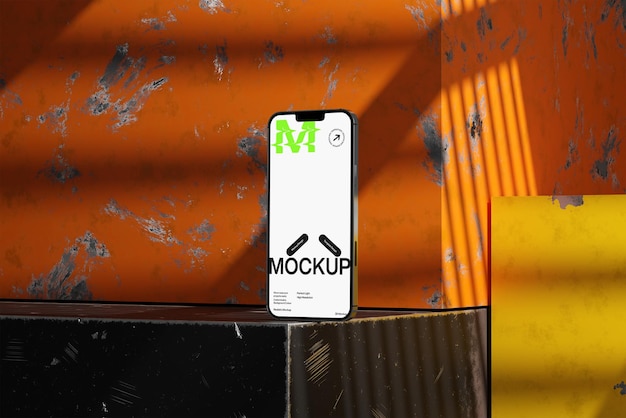 smartphone mockup on a textured orange surface