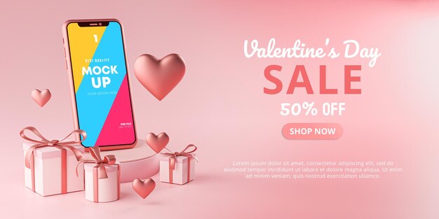 Modello di promozione di banner di vendita di san valentino mockup di smartphone