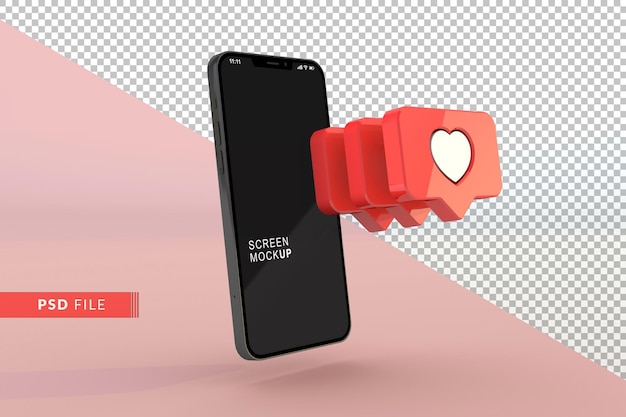 Modello di smartphone con concetto di amore di notifica 3d