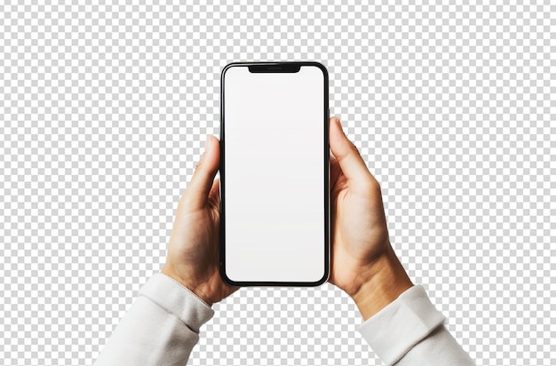 smartphone mockup with a transparent background female hand holds a mobile phone with a blank screen