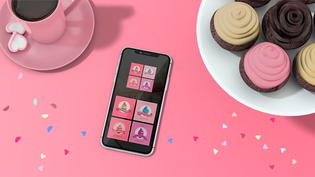PSD mockup di smartphone con cupcakes