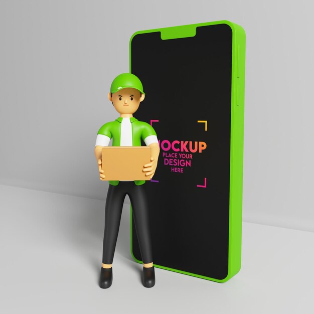 PSD smartphone mockup with delivery service courier 3d cartoon