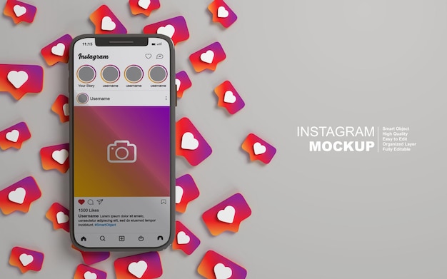 Smartphone mockup with editable social media instagram post 3d render