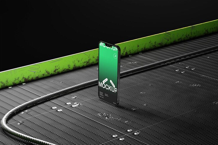 Smartphone mockup with green screen on a modern metallic surface with industrial wire