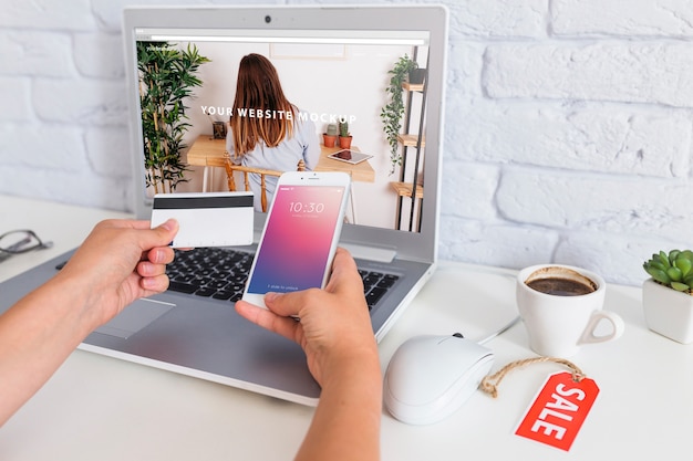 Smartphone mockup with laptop