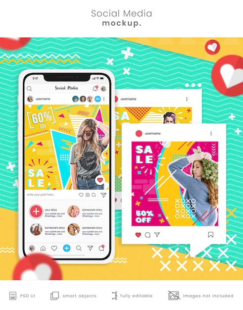 smartphone mockup with social media posts