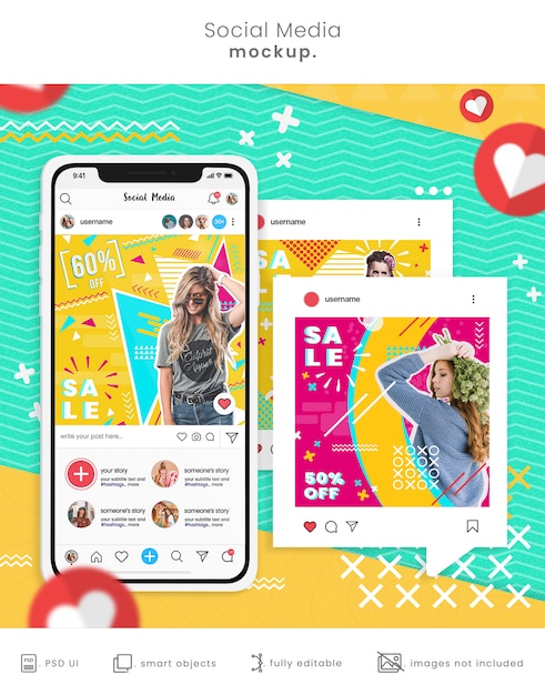 Smartphone mockup con post sui social media