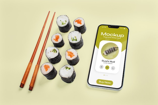 PSD mockup di smartphone con consegna di sushi