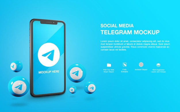 PSD mockup di smartphone con un design di rendering della palla del telegramma