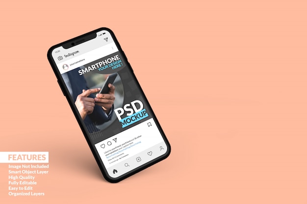 Smartphone-mockup zwevend om sosial media-postsjabloon premium weer te geven