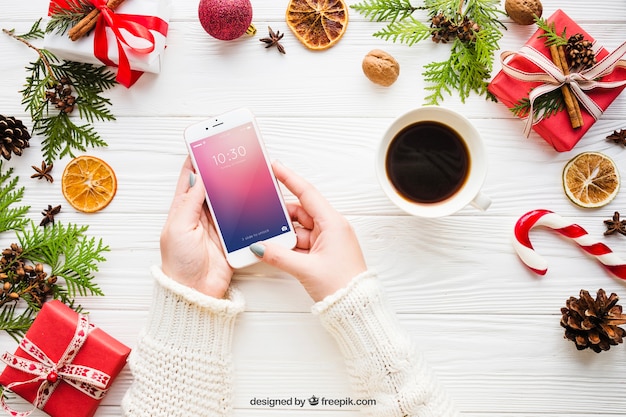 PSD smartphone-model met kerstmisontwerp