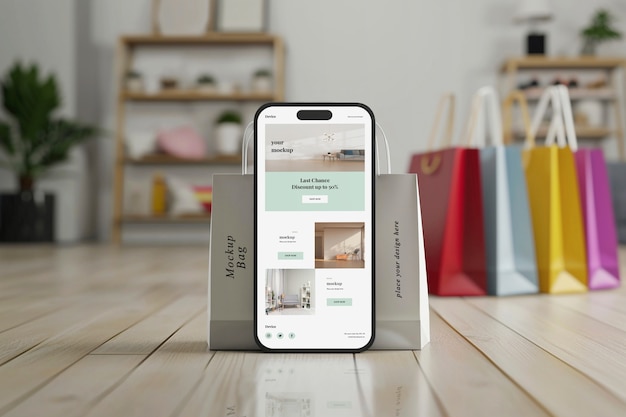 PSD smartphone and paper bags mockup