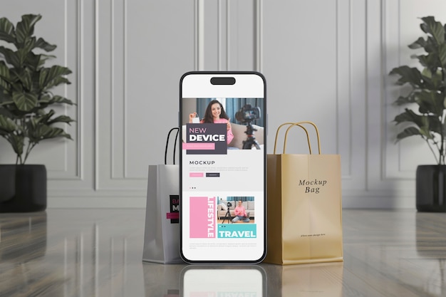 PSD smartphone and paper bags mockup