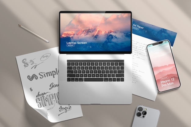 Smartphone, carta e laptop mockup