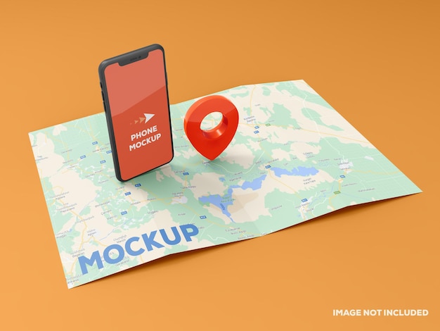 PSD smartphone and red gps pin on map mockup