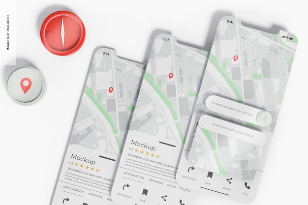 PSD smartphone-scherm met locatiezoekpictogrammen mockup instellen