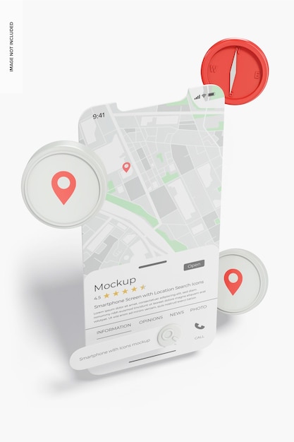 PSD smartphone-scherm met locatiezoekpictogrammen mockup, perspectief