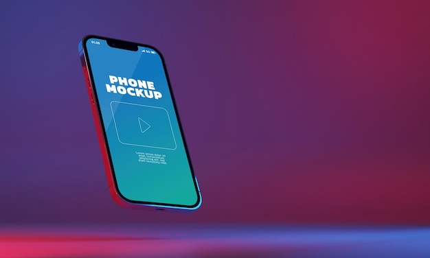 Smartphone scherm mockup PSD blauwe rode achtergrond 3D-rendering