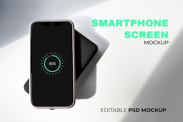 Smartphone scherm mockup psd met draadloze oplader