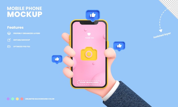 Smartphone scherm of mobiele telefoon pro mockup geïsoleerd met hand met telefoonpositie en likes