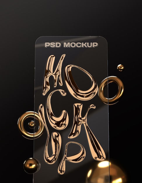 PSD Макет экрана смартфона в стиле стекломорфизма с геометрическими фигурами