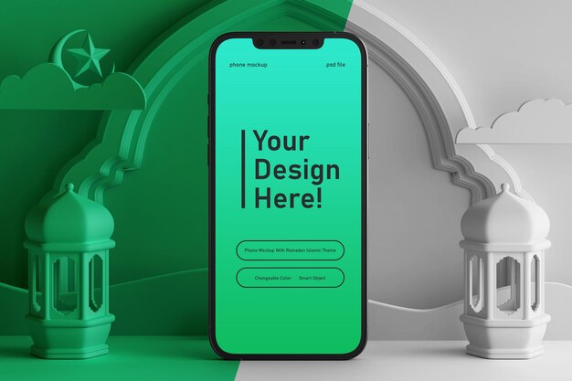 Smartphone screen mockup on editable color 3d render scene ramadan eid mubarak islamic theme