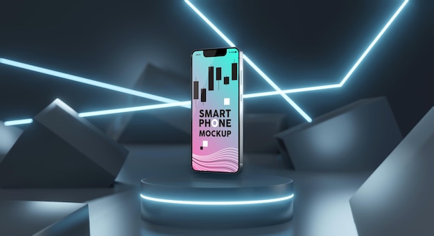 PSD smartphone screen mockup in futuristic dark room and neon light 3d rendering