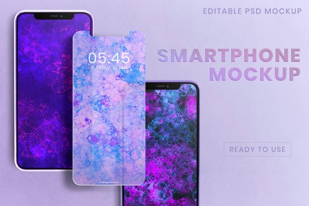 Schermo per smartphone mockup psd con carta da parati viola bubble art