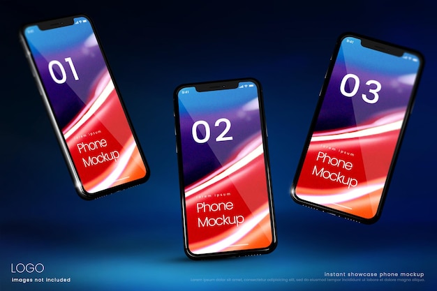 Smartphone screen mockup of three floating phones