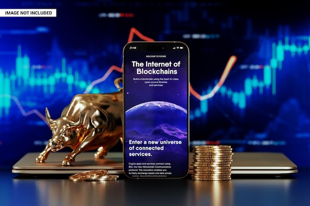 Smartphone screen with golden bull and coins mockup