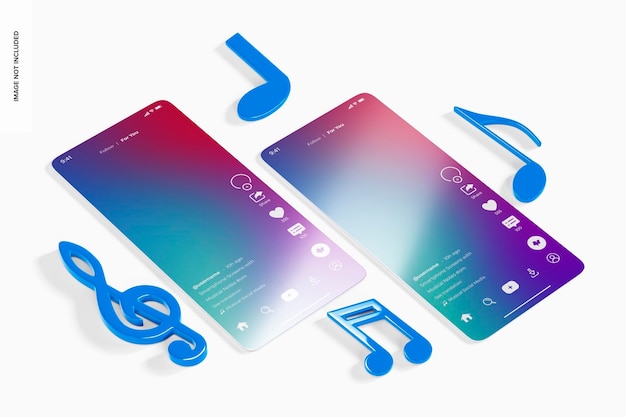 PSD smartphone screens with musical notes mockup, perspective