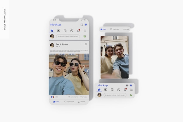 Smartphone social media screens mockup, top view