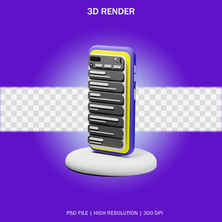 PSD smartphone on stand with transparent background in 3d design