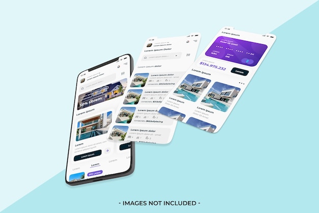 PSD mockup di app per smartphone e tre schermi con livello modificabile