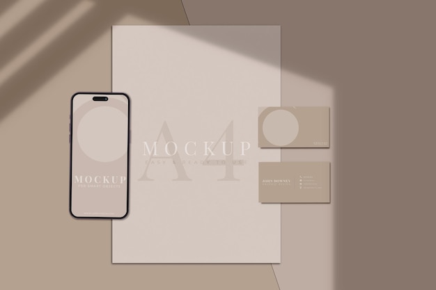 A4 용지가 있는 스마트폰 및 그림자 오버레이가 있는 명함 모형 우아한 디자인 레이아웃 프레젠테이션 브랜딩 기업 ID 광고 개인 ID 3d 렌더링