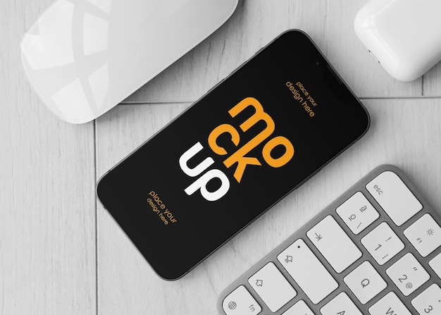 PSD smartphone with accessories mockup