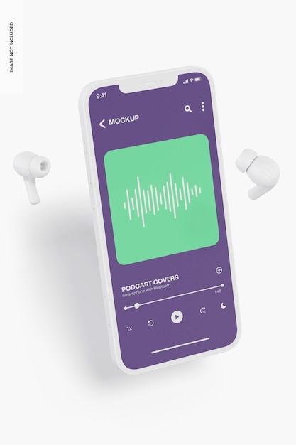 PSD smartphone with bluetooth earphones mockup, left view