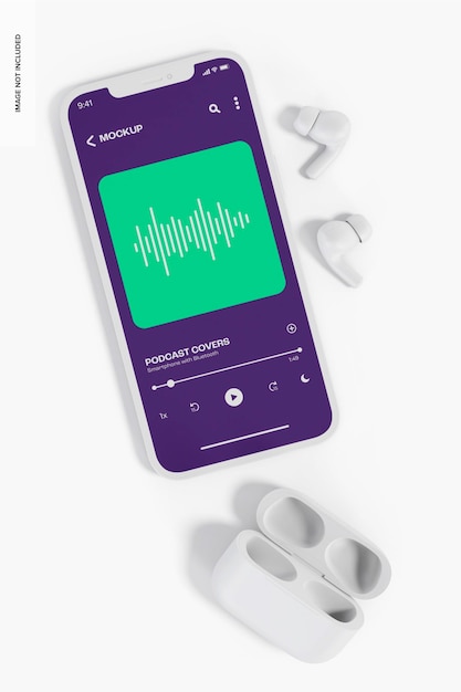 PSD smartphone con auricolari bluetooth mockup, vista dall'alto