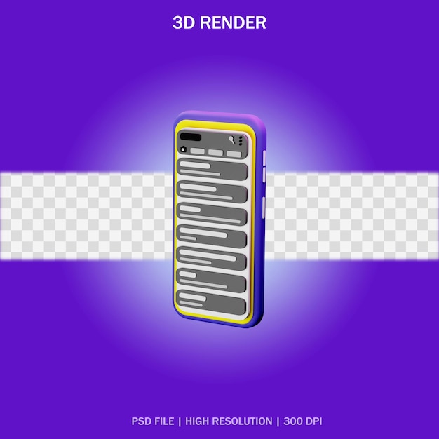 Смартфон с приложением для чата и прозрачным фоном в 3d-дизайне