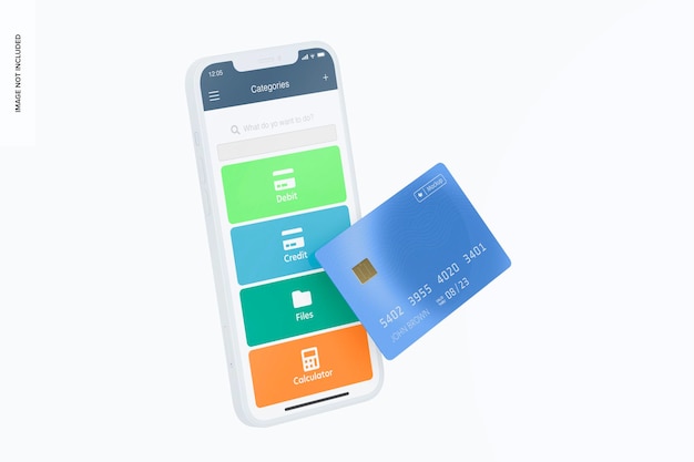 PSD smartphone with credit card mockup, leaned