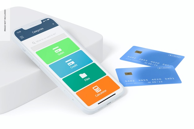 Smartphone with credit card mockup, perspective