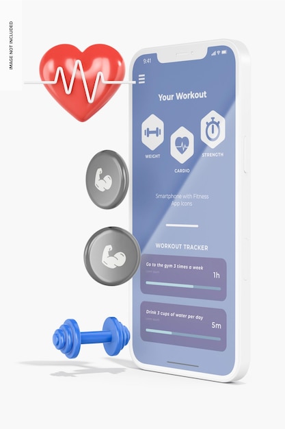 Smartphone with fitness app icons mockup, right view