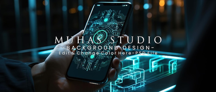 PSD smartphone with futuristic interface in a dark environment