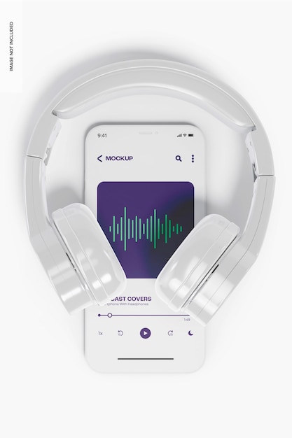 Smartphone with headphones mockup, top view 02