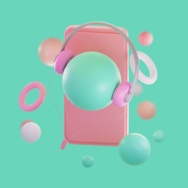 Смартфон с наушниками на пастельно-розовом фоне 3d-рендеринга