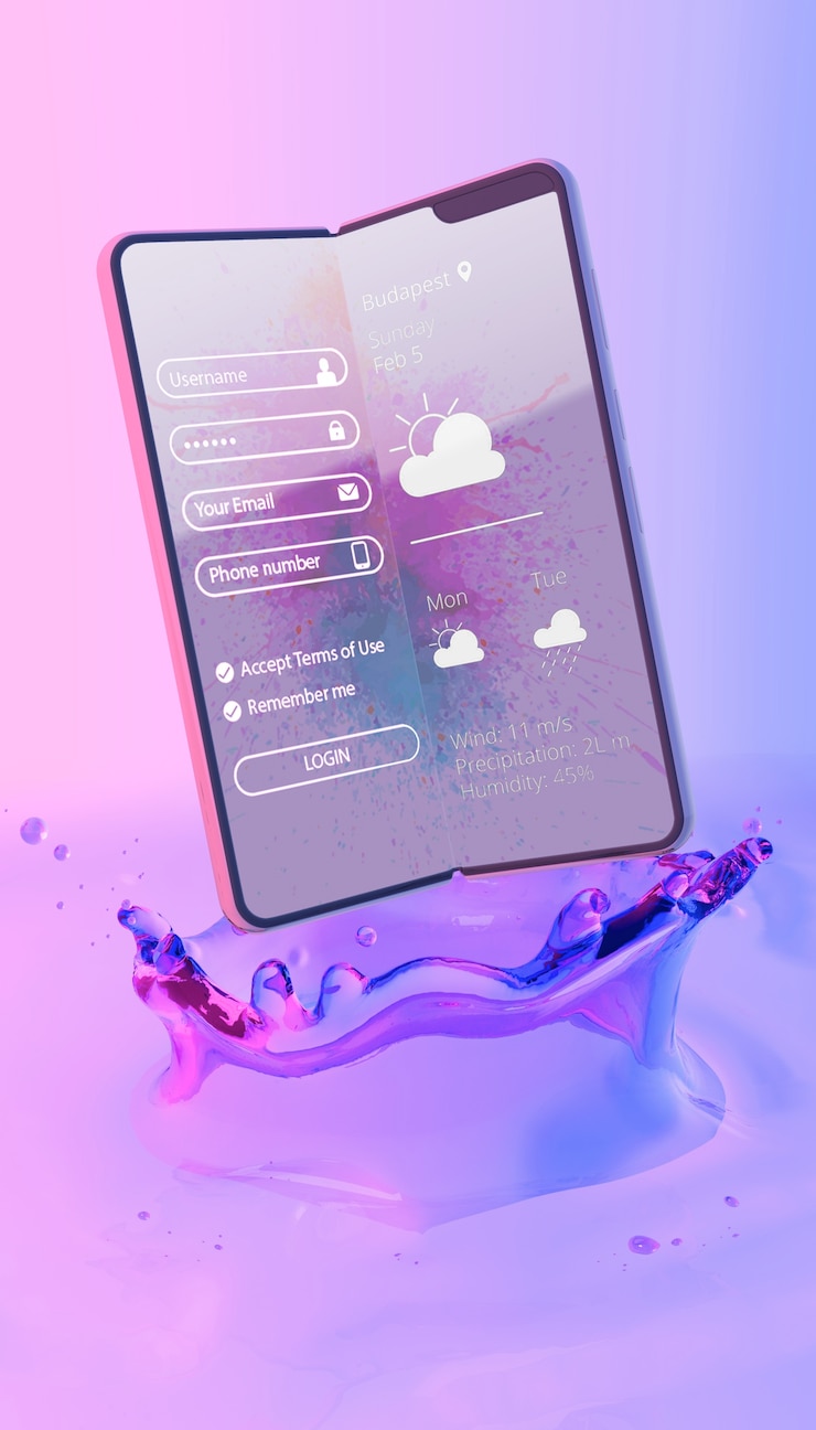 PSD smartphone with login page and colorful liquid background 