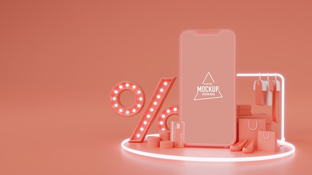 Smartphone con schermo mock-up, prodotto, negozio online e segno di percentuale su sfondo rosa, rendering 3d, illustrazione 3d